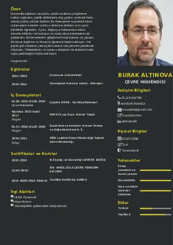 Çevre Mühendisi CV Örnekleri cv indir